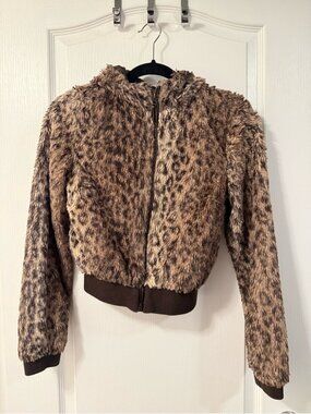 Y2k H&M Faux Fur Leopard Print Zip Jacket Brown size XS 2000s Mcbling whimsigoth